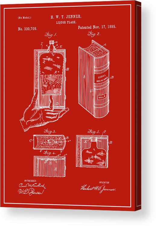 1885 Hidden Flask Patent Print Acrylic Print featuring the drawing 1885 Hidden Flask Red Patent Print by Greg Edwards