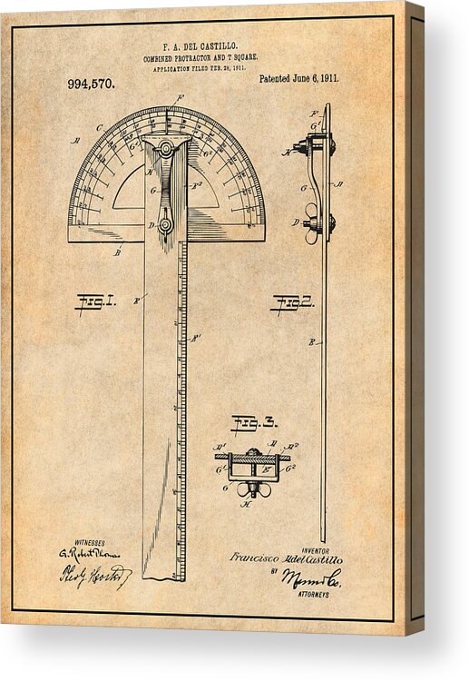 1911 Combined Protractor And T Square Patent Print Acrylic Print featuring the drawing 1911 Combined Protractor and T Square Antique Paper Patent Print by Greg Edwards