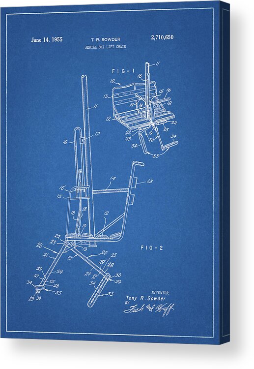 1955 Ski Lift Patent Blueprint Acrylic Print featuring the drawing 1955 Ski Lift Patent Blueprint by Dan Sproul