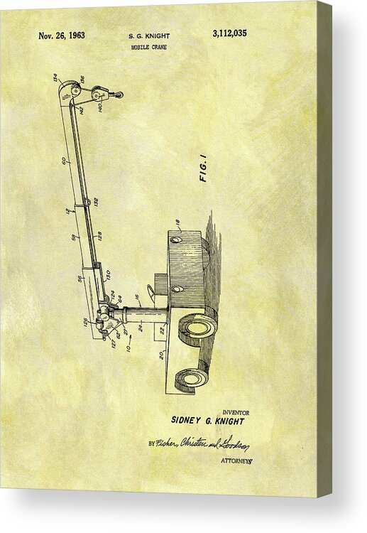 1963 Mobile Crane Patent Acrylic Print featuring the drawing 1963 Mobile Crane Patent by Dan Sproul