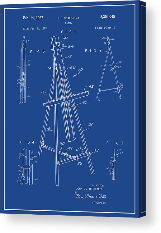 1965 Easel Patent Print Acrylic Print featuring the drawing 1965 Easel Blue Patent Print by Greg Edwards