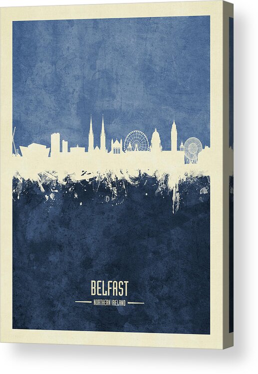 Belfast Acrylic Print featuring the digital art Belfast Northern Ireland Skyline #20 by Michael Tompsett