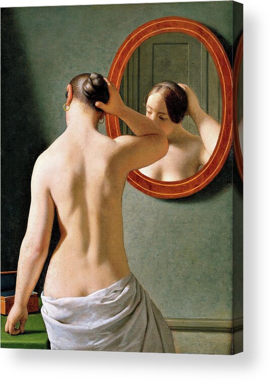 A Nude Woman Doing Her Hair Before A Mirror Acrylic Print featuring the painting A nude woman doing her hair before a mirror - Digital Remastered Edition by Christoffer Wilhelm Eckersberg