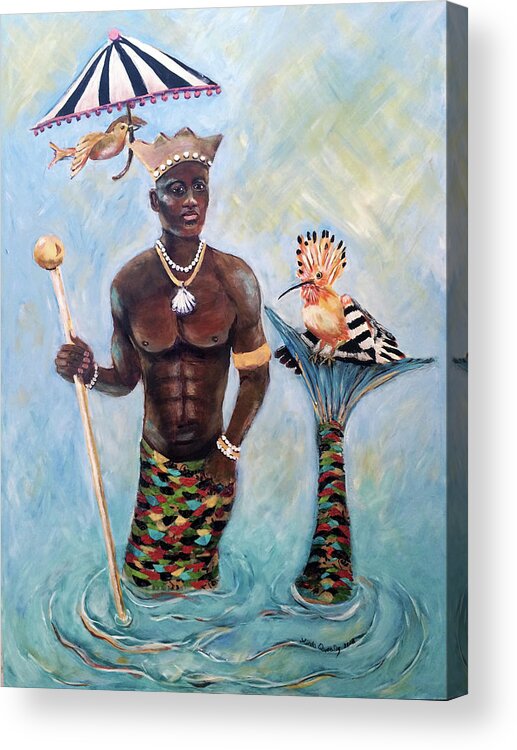 Olokun Acrylic Print featuring the painting African Merman King Olokun by Linda Queally by Linda Queally