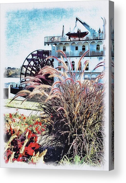 Paddleboat Sky Blue Water Wheel Brown Horsetails Beige Plant Lifeboat Cabins Deck White Sketch Red Flowers Black Acrylic Print featuring the digital art American Express Paddleboat 2015 by Kathleen Boyles