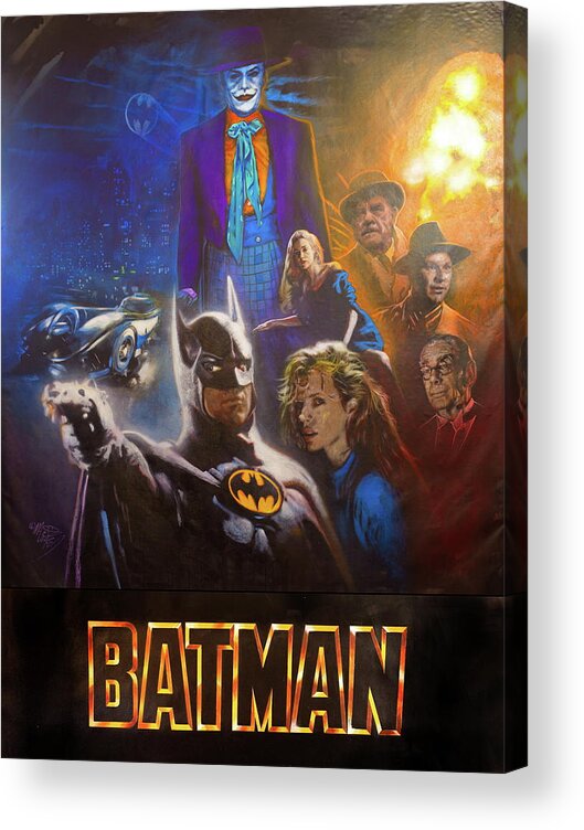 Batman Acrylic Print featuring the painting Batman by Tim Burton, Michael Keaton and Jack Nicholson with Batman symbol by Michael Andrew Law Cheuk Yui
