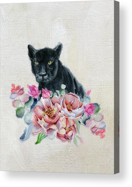 Black Panther Acrylic Print featuring the painting Black Panther With Flowers by Garden Of Delights