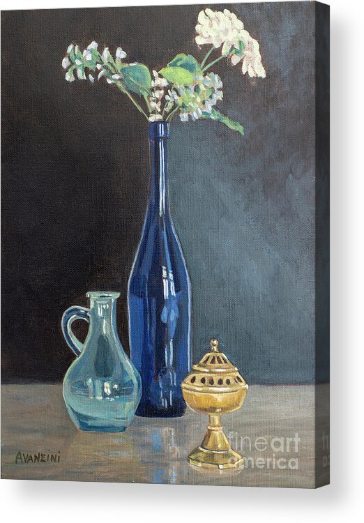 Taste Acrylic Print featuring the painting Blue Glass Wine Bottle with Flowers Water Jug and Censer Still Life by Pablo Avanzini