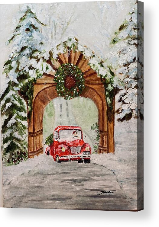 Red Truck Acrylic Print featuring the painting Bringing Home the Tree by Juliette Becker