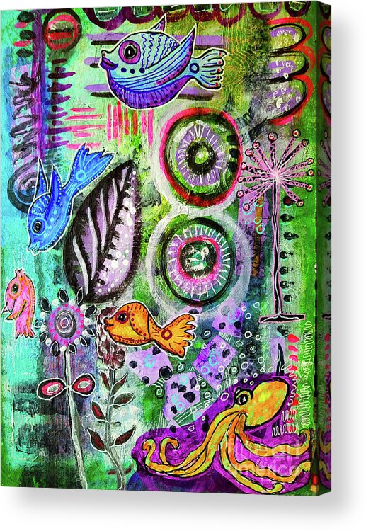 Deep Sea Acrylic Print featuring the mixed media Cedric Octopus Sitting in a Cloud of Deep Violet Ink by Mimulux Patricia No