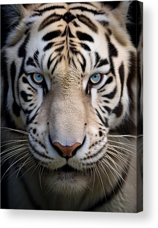 Tiger Acrylic Print featuring the mixed media Majestic Elegance - Closeup Photo of a White Tiger by Land of Dreams