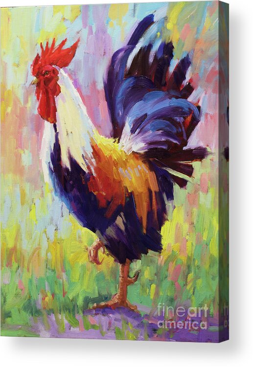 Cock Of The Walk Roosters Original Rooster Oil Painting Gary Modern impressionism paintings Impressionistic Rooster Oil Painting Original Oil Painting Impressionism Impressionist Techniques Impressionist Style painting oil on Canvas Chicken Nature Feathers Proudness Rooster The Proud Rooster Walks Through The Tall Grass In Search Hens Animal Styles Impressionism Rooster farm chicken Art Impressionist Landscape Richly Colored Textured Paint Stroke Unique  proud Rooster country Farm Acrylic Print featuring the painting Cock of the Walk by Gary Kim