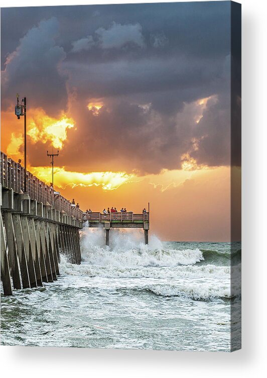 Venice Fishing Pier Acrylic Print featuring the photograph Crashing Waves at Venice Pier by Rudy Wilms