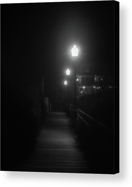Pier Acrylic Print featuring the photograph Crest Pier at Night Black and White by Jason Fink
