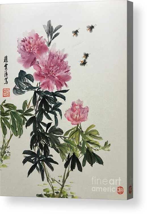 Peony Flowers Acrylic Print featuring the painting Depend On Each Other - 2 by Carmen Lam