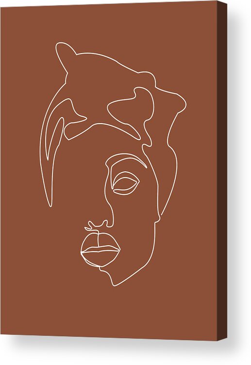 Portrait Acrylic Print featuring the mixed media Face 04 - Abstract Minimal Line Art Portrait of a Girl - Single Stroke Portrait - Terracotta, Brown by Studio Grafiikka