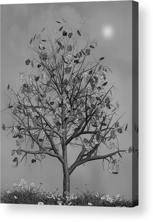 Autumn Acrylic Print featuring the mixed media Flowers Beneath The Autumn Tree Black and White by David Dehner