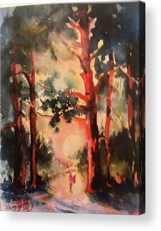 Monk In Forest Acrylic Print featuring the painting Forest prayer by Caroline Patrick