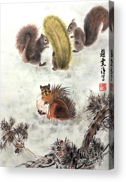 Squirrels Acrylic Print featuring the painting Four Squirrels In The Neighborhood by Carmen Lam