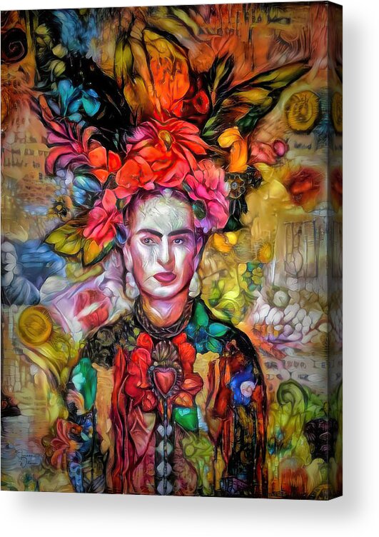 Face Acrylic Print featuring the digital art Frida Kahlo Abstract Portrait by Teresa Wilson