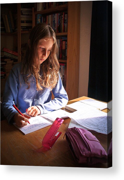 Education Acrylic Print featuring the photograph Girl doing homework by s0ulsurfing - Jason Swain