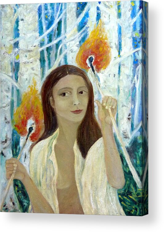 Girl With Matches Acrylic Print featuring the painting Girl With Matches by Elzbieta Goszczycka