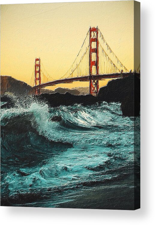 Golden Gate Acrylic Print featuring the painting Golden Gate Bridge Gold Bay by Tony Rubino