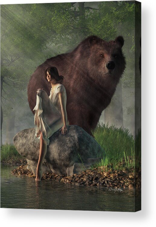 Grizzly Bear Acrylic Print featuring the digital art Grizzly Bear and Girl in a Nightgown by Daniel Eskridge