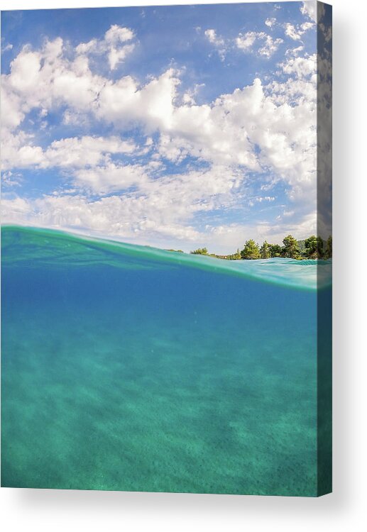 Underwater Acrylic Print featuring the photograph Half Underwater View of Sandy Beach at Halkidiki in Greece by Alexios Ntounas