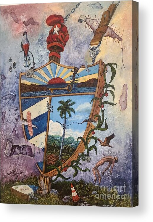Escudo Acrylic Print featuring the painting Hecho Pedazos by Carlos Rodriguez