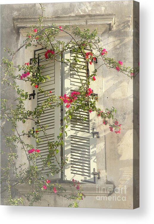 Home Sweet Window Shatters Flowers Soft Delicate Gentle Pleasing Impressionistic Impressions Impressionism Attractive Allure Atmospheric Uplifting Conceptual Charismatic Dreams Growing Flowering Peace Peaceful Tranquil Tranquility Restful Relaxing Relaxation Painterly Artistic Pastel Watercolor Art Old Smart Thought Provoking Thoughtful Haven House Poetic Magical Sunny Day Afternoon Foggy Misty Touching Life-style Half-opened Greece Corfu Greek Inspirational Spiritual Lightness Sun Highlights Acrylic Print featuring the photograph Home Sweet Home,warm Andtender by Tatiana Bogracheva