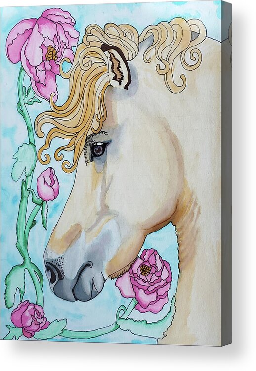 Watercolor Painting Acrylic Print featuring the painting Horse and Roses by Equus Artisan
