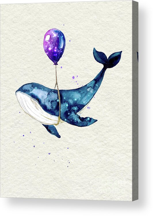 Humpback Whale Acrylic Print featuring the painting Humpback Whale With Purple Balloon Watercolor Painting by Garden Of Delights