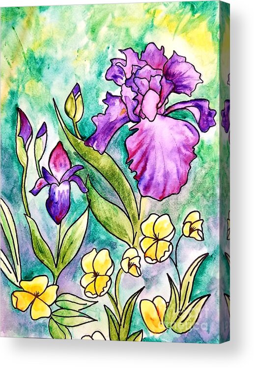 Watercolor Pen And Ink Acrylic Print featuring the painting Iris Garden in Watercolor by Expressions By Stephanie