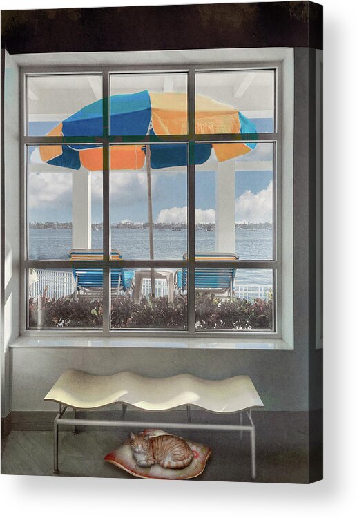 Umbrella Acrylic Print featuring the photograph Island Umbrella through the Porch Cottage Window by Debra and Dave Vanderlaan