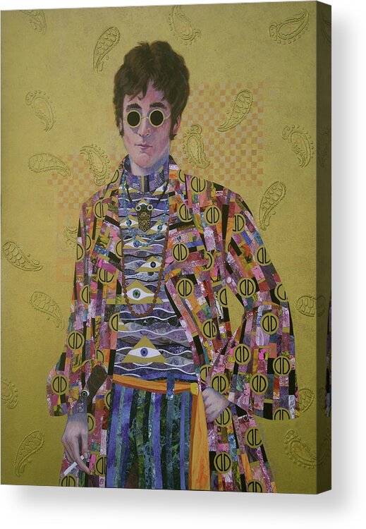 John Lennon Acrylic Print featuring the painting John Lennon and the Amazing Technicolor Klimt Coat by Marguerite Chadwick-Juner