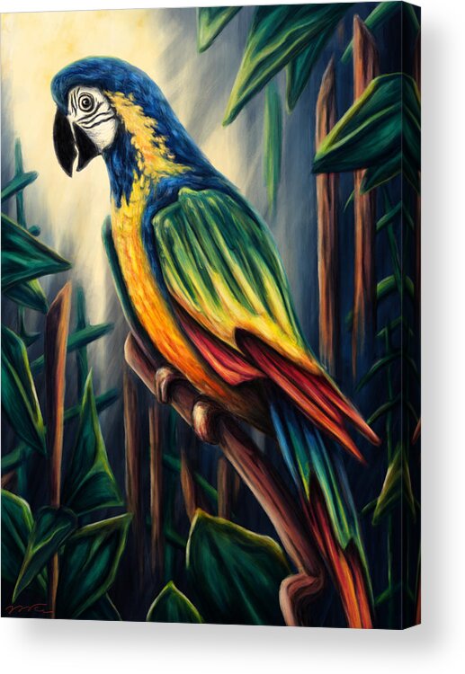Bird Acrylic Print featuring the painting Jungle parrot painting, colorful macaw by Nadia CHEVREL