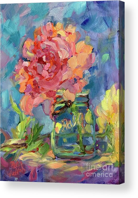 Peony Peonies Jar Vase Bouquet Fresh Flowers Acrylic Print featuring the painting Just for You by Patsy Walton