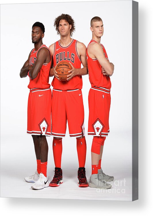 Bobby Portis Acrylic Print featuring the photograph Lauri Markkanen, Bobby Portis, and Robin Lopez by Randy Belice