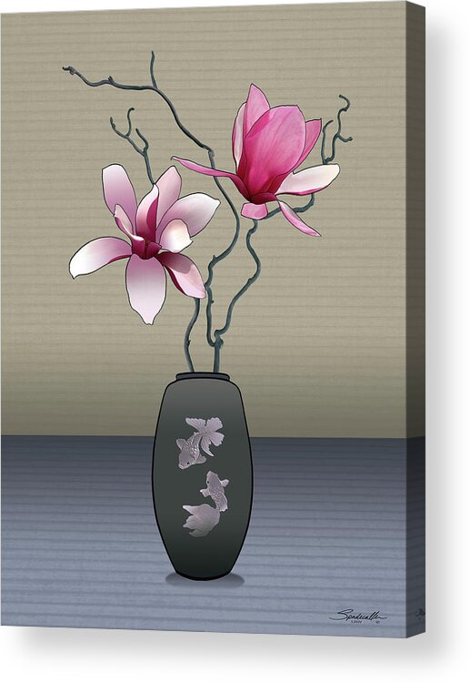 Ikebana Acrylic Print featuring the digital art Magnolia in Two Fish Vase by M Spadecaller
