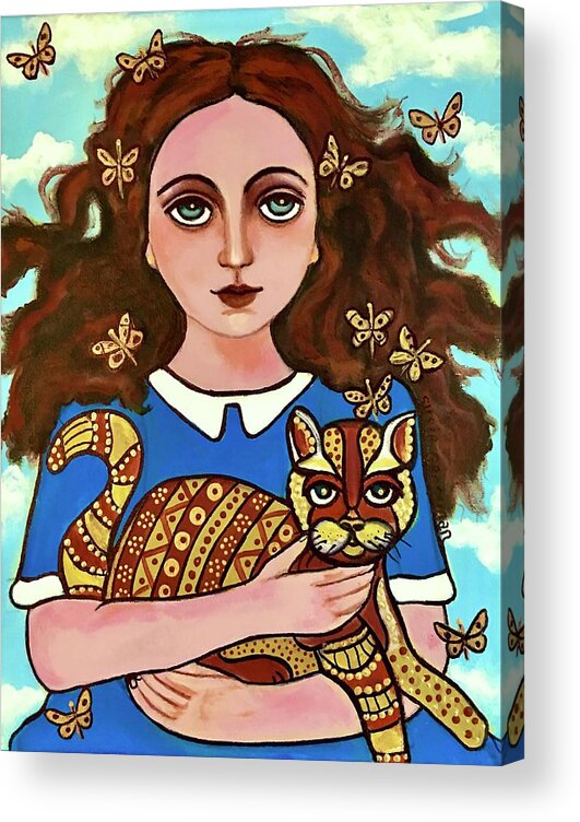 Butterflies Cat Calico Gold Girl Black Hair Blue Dress White Collar Flowers Acrylic Print featuring the painting Mariposa Gato by Susie Grossman