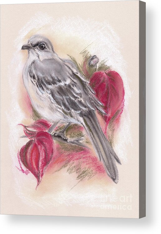 Bird Acrylic Print featuring the pastel Mockingbird in Autumn Dogwood by MM Anderson