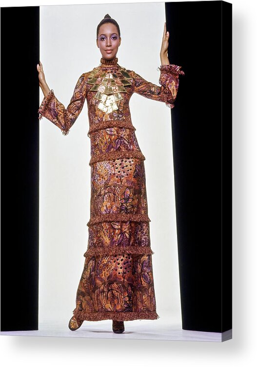 Fashion Acrylic Print featuring the photograph Model Charlene Dash Wearing A Tiered Metallic Dress by Gianni Penati