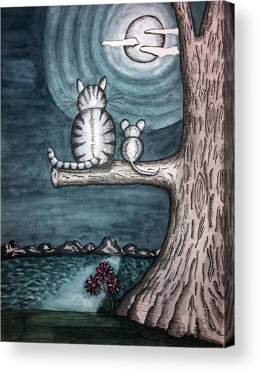 Landscape Acrylic Print featuring the painting Moonlight Cat and Mouse by Christina Wedberg