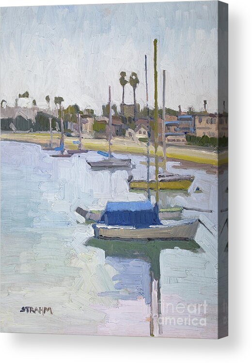 Boats Acrylic Print featuring the painting Moored on Santa Barbara Cove - Mission Beach, San Diego, California by Paul Strahm