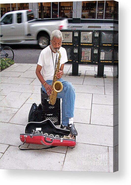 Portraits Acrylic Print featuring the photograph Sax Man Busking by Walter Neal