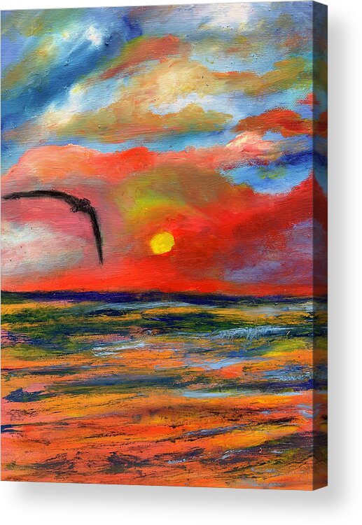 Sunset Acrylic Print featuring the painting Ode To Bird Flight at Sunset Over the Ocean by Susan Grunin