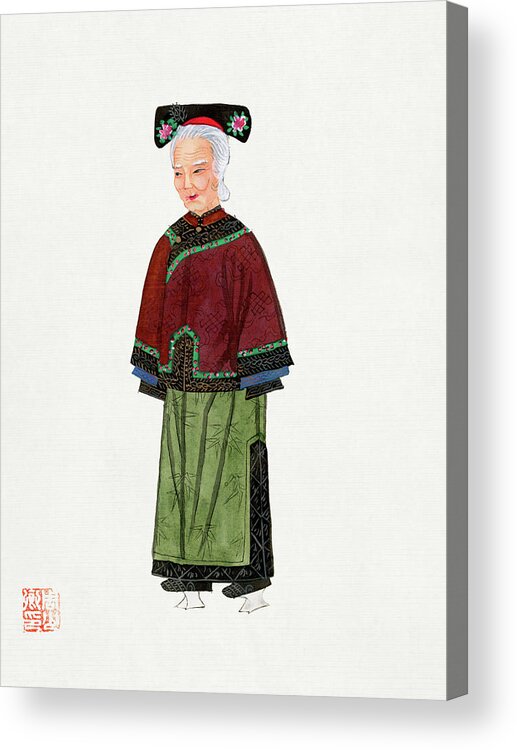 Vintage Acrylic Print featuring the painting Old lady in light green embroidered silk costume by Vintage Chinese Clothing