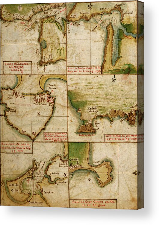 Maps Acrylic Print featuring the drawing Portuguese Ports in Portugal and Spain 1630 by Vintage Maps