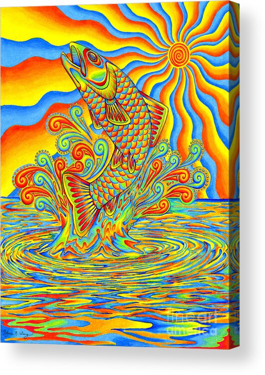 Psychedelic Acrylic Print featuring the drawing Psychedelic Rainbow Trout Fish by Rebecca Wang